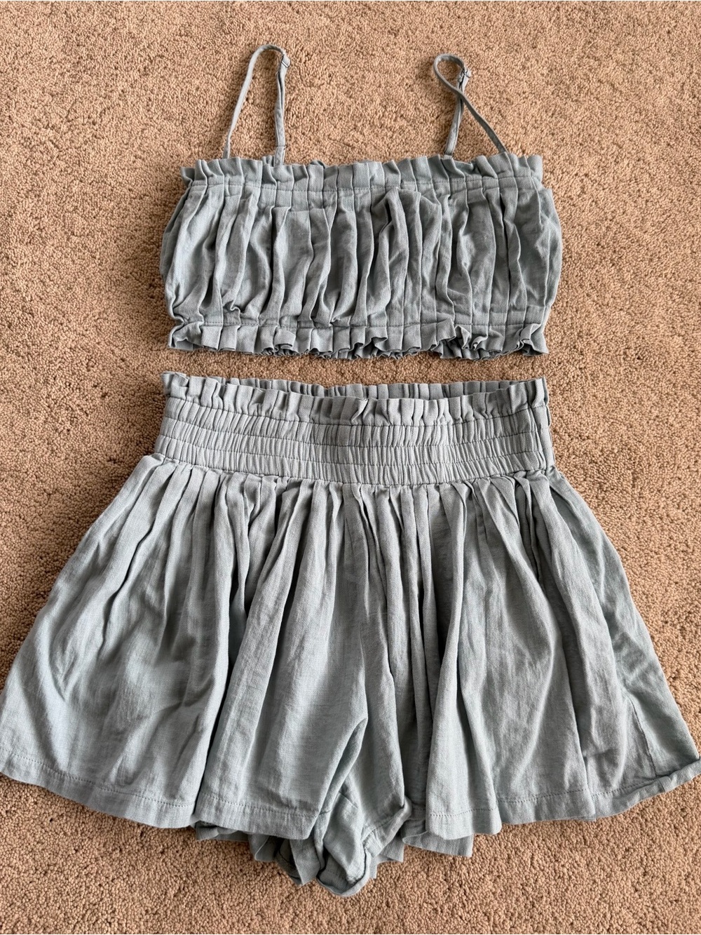 Mable Sage Grey Linen Blend Two Piece Set Smocked Crop Top And Shorts
